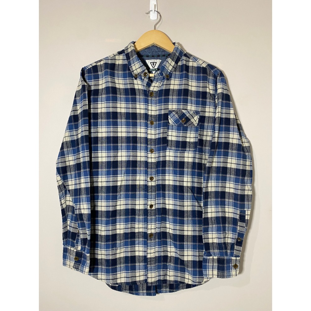 Vissla Flannel Shirt Mens MEDIUM Blue Plaid Long‎ Sleeve Thick Cotton Button Up